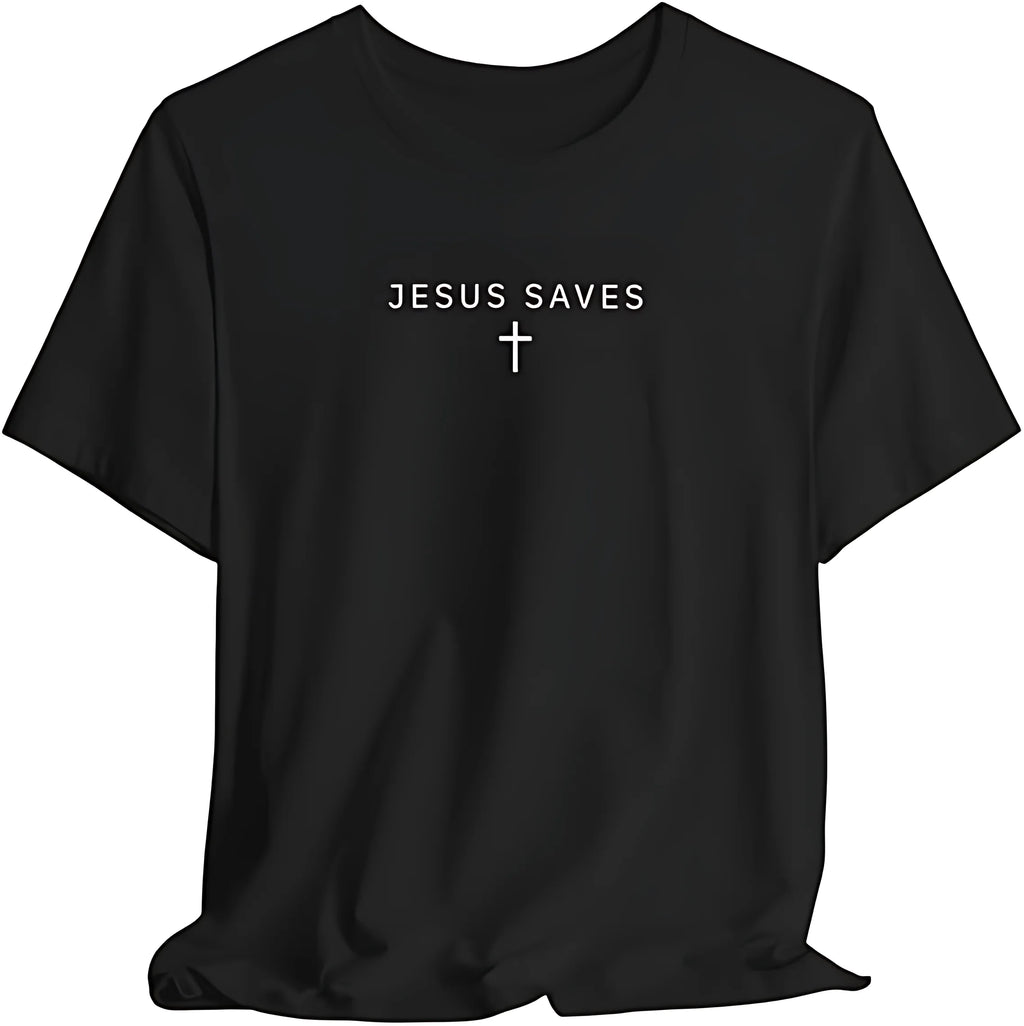 Black t-shirt with 'Jesus Saves' text and cross on a white background