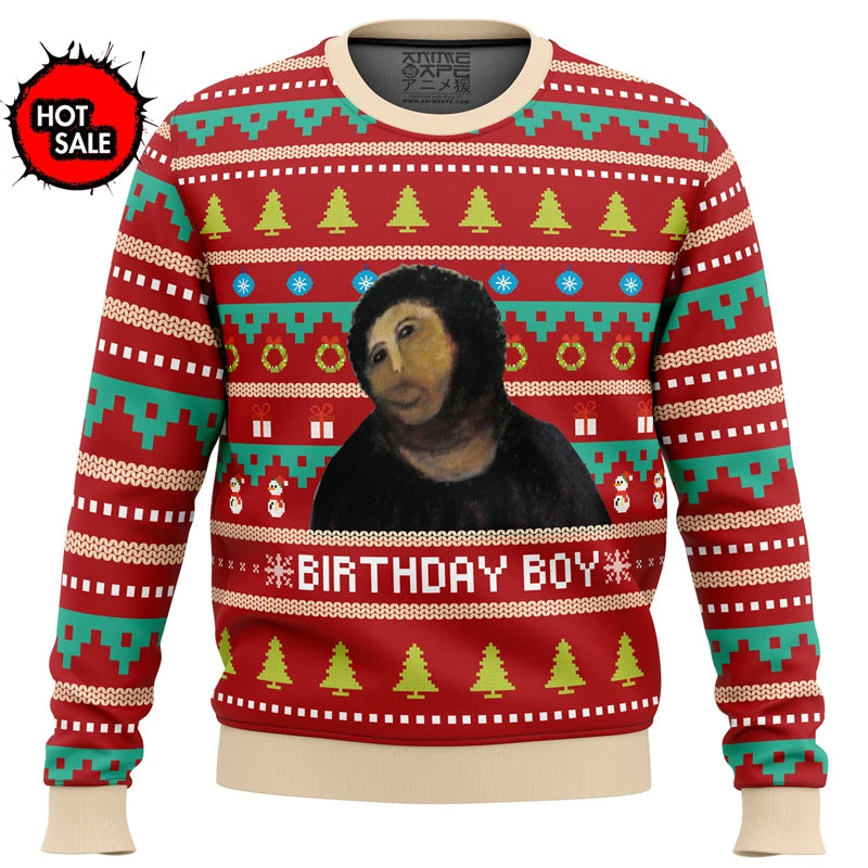 Red Christmas sweater with a bear graphic and 'Birthday Boy' text, on a white background.