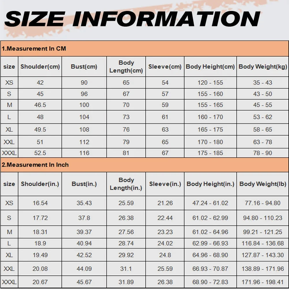 Size chart for clothing measurements in centimeters and inches