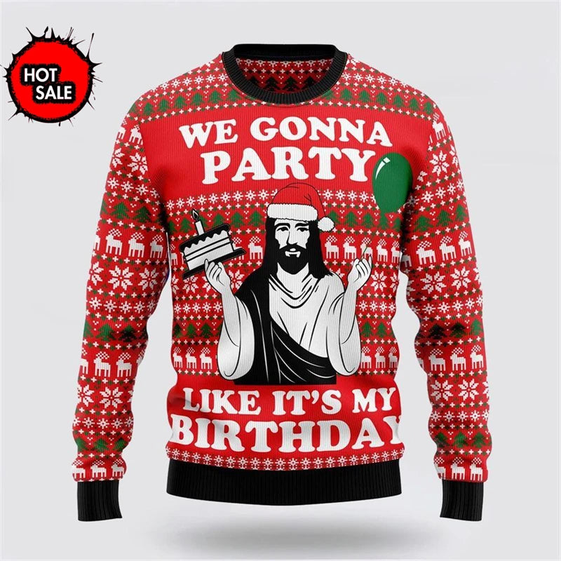 Red Christmas sweater with a graphic of a character holding a cake and text 'We Gonna Party Like It's My Birthday' on a light gray background.