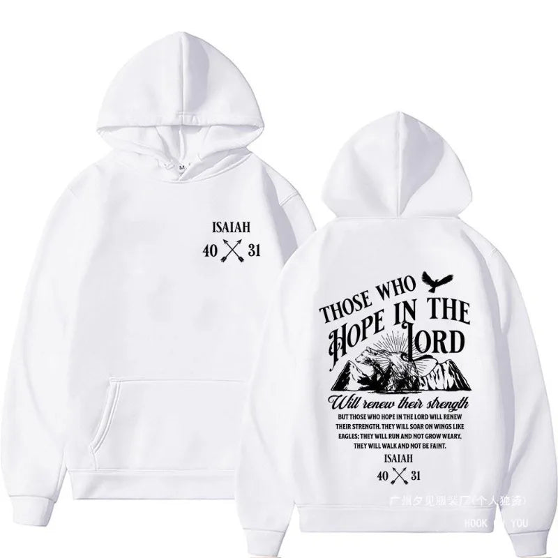 White hoodie with black text and design on a white background