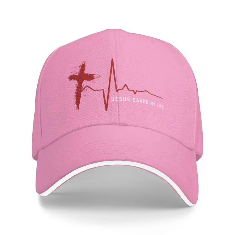 Pink cap with a cross and heart design on a white background