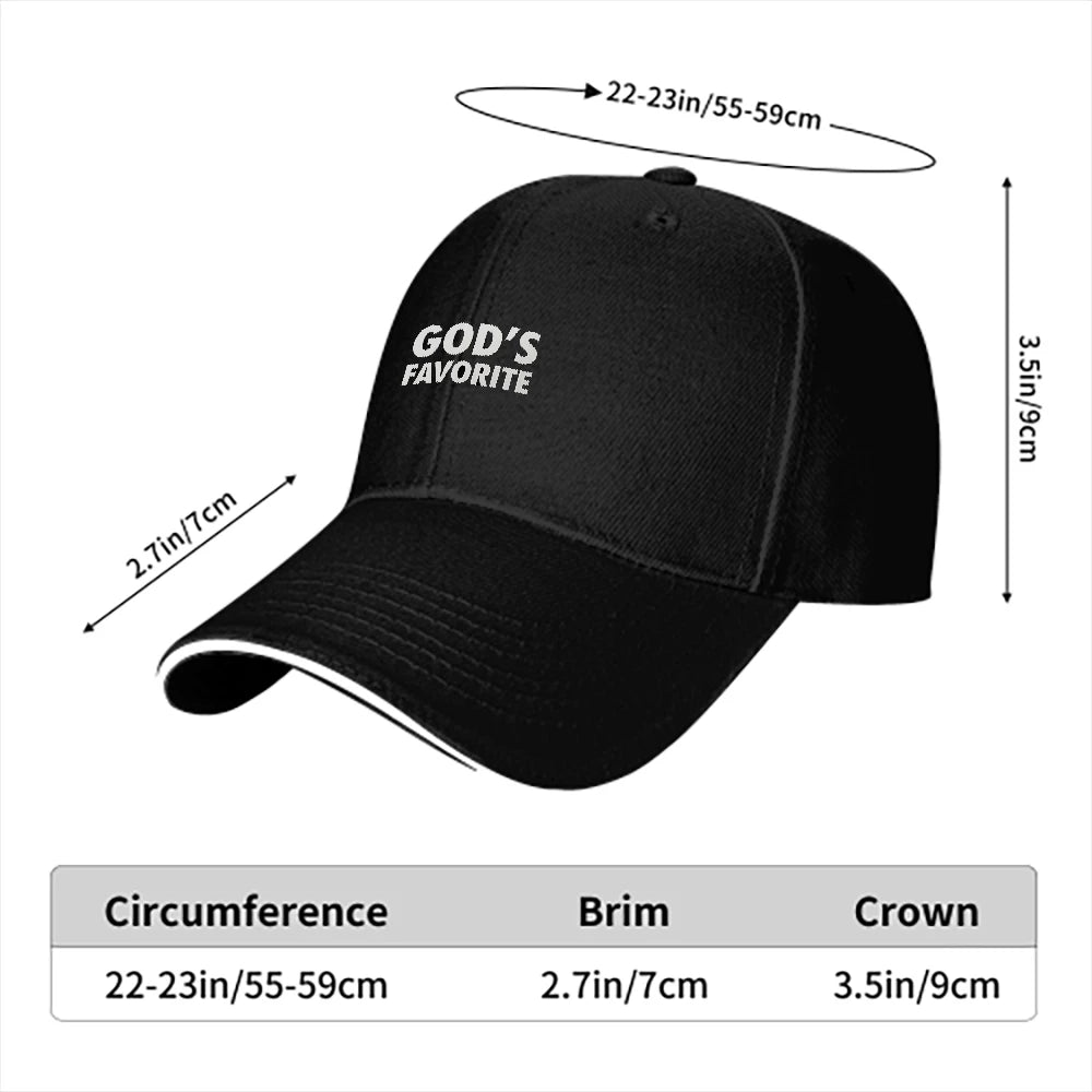 Black cap with 'God's Favorite' and measurement details on a white background