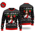 Ugly Christmas sweater with 'Go Jesus, It's Your Birthday' text and graphics on a white background.