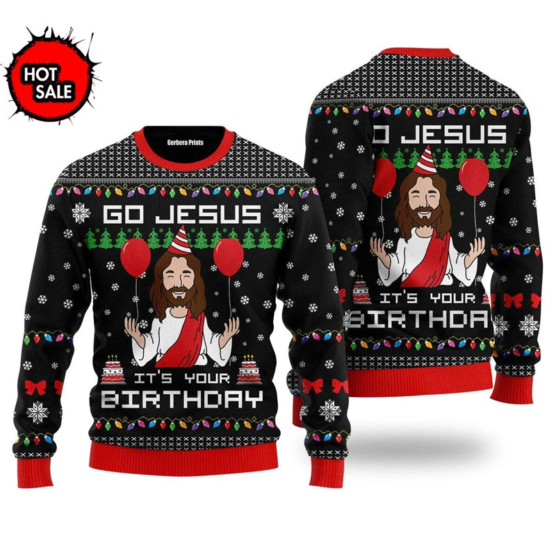 Ugly Christmas sweater with 'Go Jesus, It's Your Birthday' text and graphics on a white background.