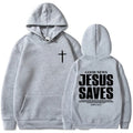 Gray hoodie with cross on front and 'Good News Jesus Saves' text on back, white background