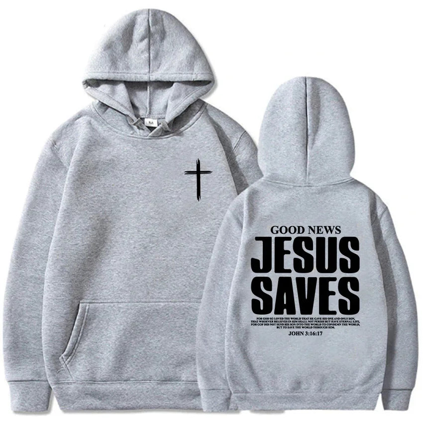 Gray hoodie with cross on front and 'Good News Jesus Saves' text on back, white background