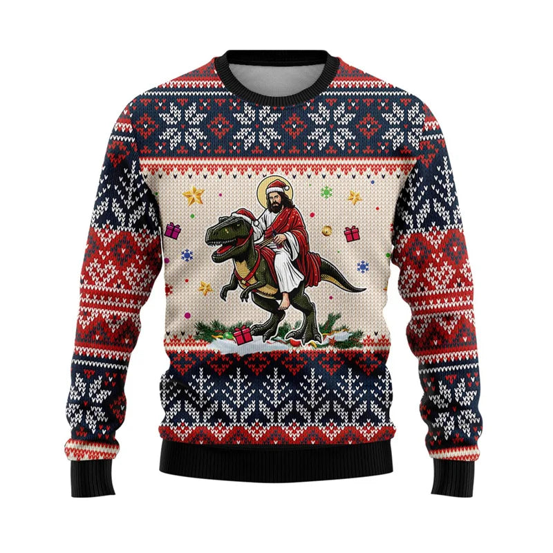 Ugly Christmas sweater with Jesus riding a dinosaur design on a white background