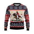 Ugly Christmas sweater with Jesus riding a dinosaur design on a white background