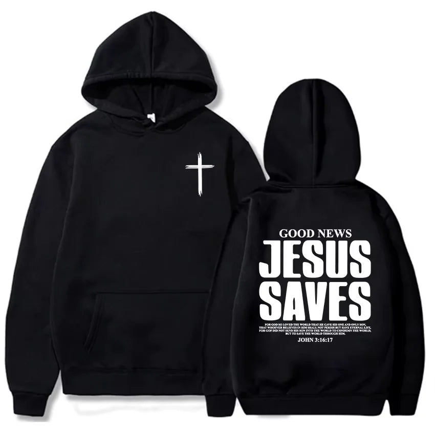 Black hoodie with a cross on the front and 'Good News Jesus Saves' text on the back.
