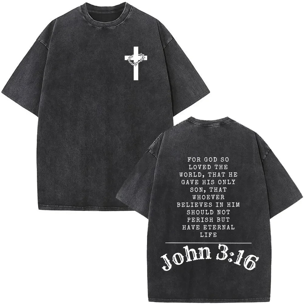 Black t-shirt with cross on front and John 3:16 on back