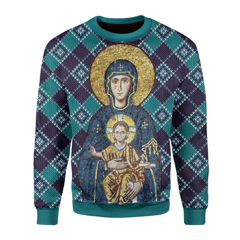 Sweater with religious icon design on a patterned background