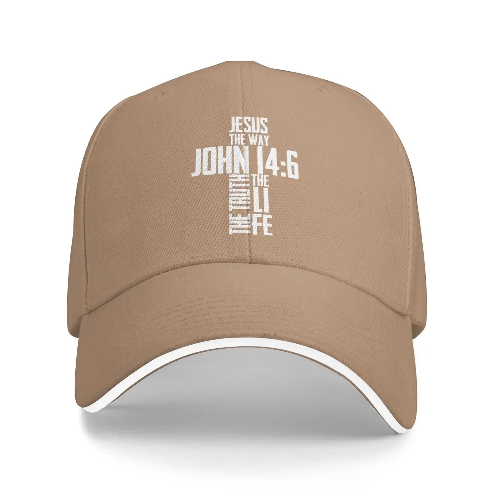 John 14:6 Verse tan Cap displayed with a white background.