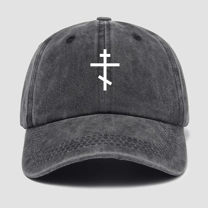 Gray cap with a white cross symbol on a light gray background