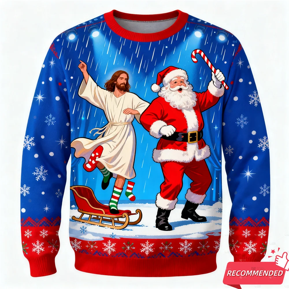 Ugly Christmas sweater with Jesus and Santa Claus dancing on a blue background.