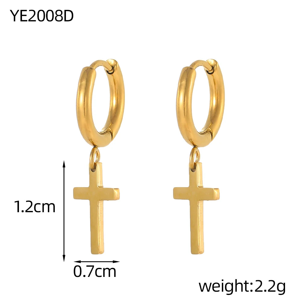 Gold hoop earrings with cross pendants and measurements on a white background