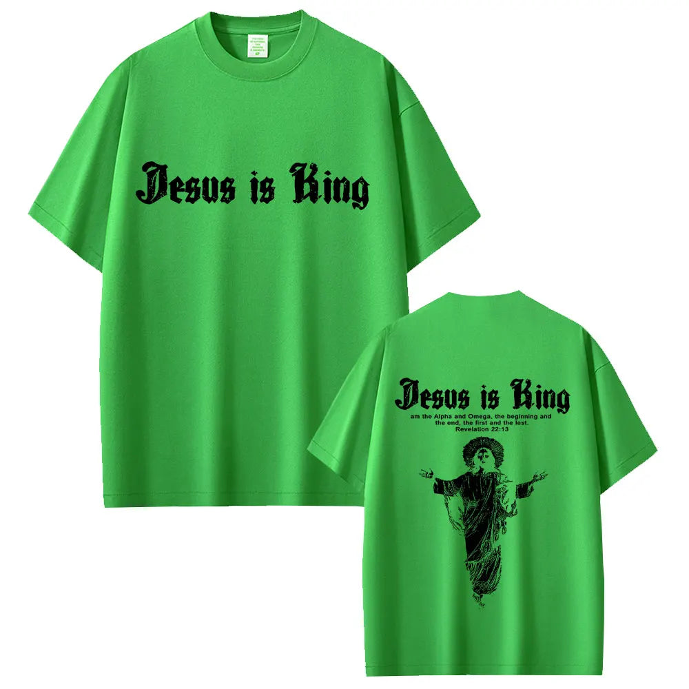 Green t-shirt with 'Jesus is King' text on front and back