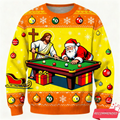 Ugly Christmas sweater with Jesus and Santa Claus playing pool design.