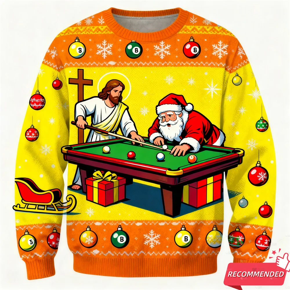 Ugly Christmas sweater with Jesus and Santa Claus playing pool design.