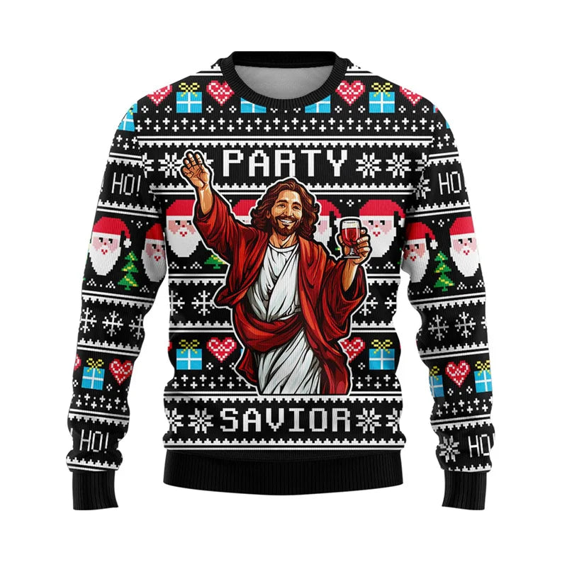 Ugly Christmas sweater with a graphic of a figure holding a drink, surrounded by Santa Claus faces and 'HO! HO! HO!' text.