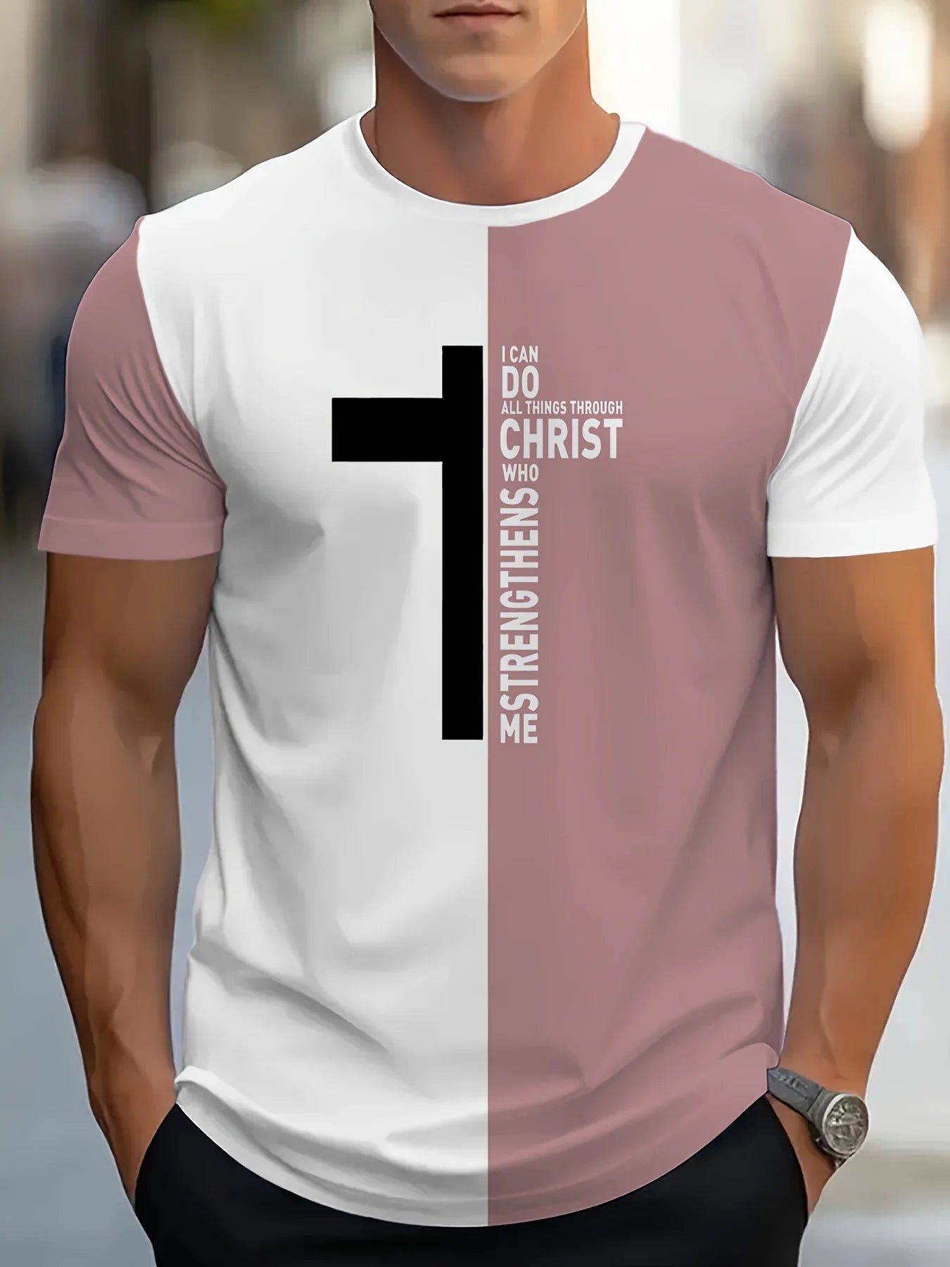 T-shirt with a cross design and motivational text on a blurred background