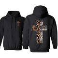 Black hoodie with cross design on front and motivational quote on back