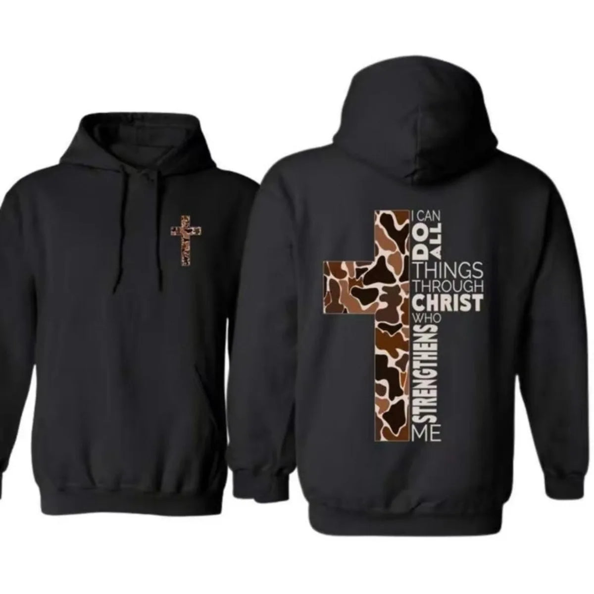 Black hoodie with cross design on front and motivational quote on back