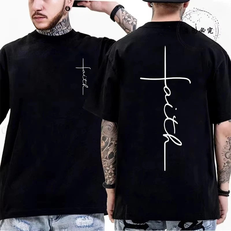 Two people wearing black t-shirts with 'faith' printed on the front and back.