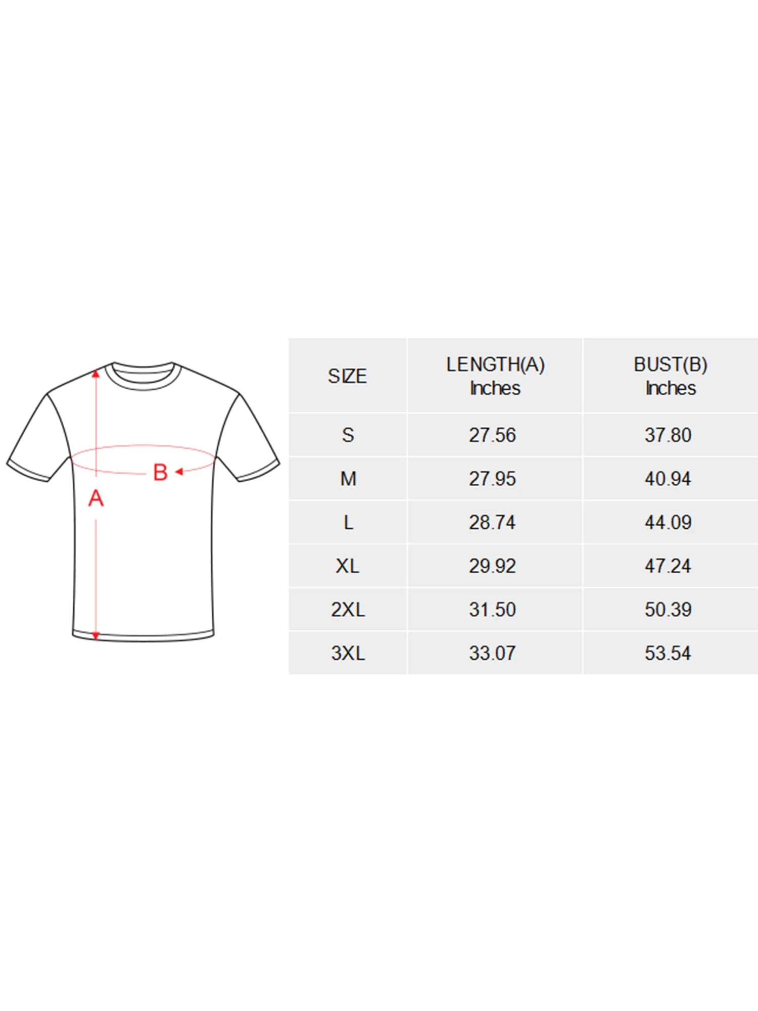 T-shirt size chart with measurements on a white background
