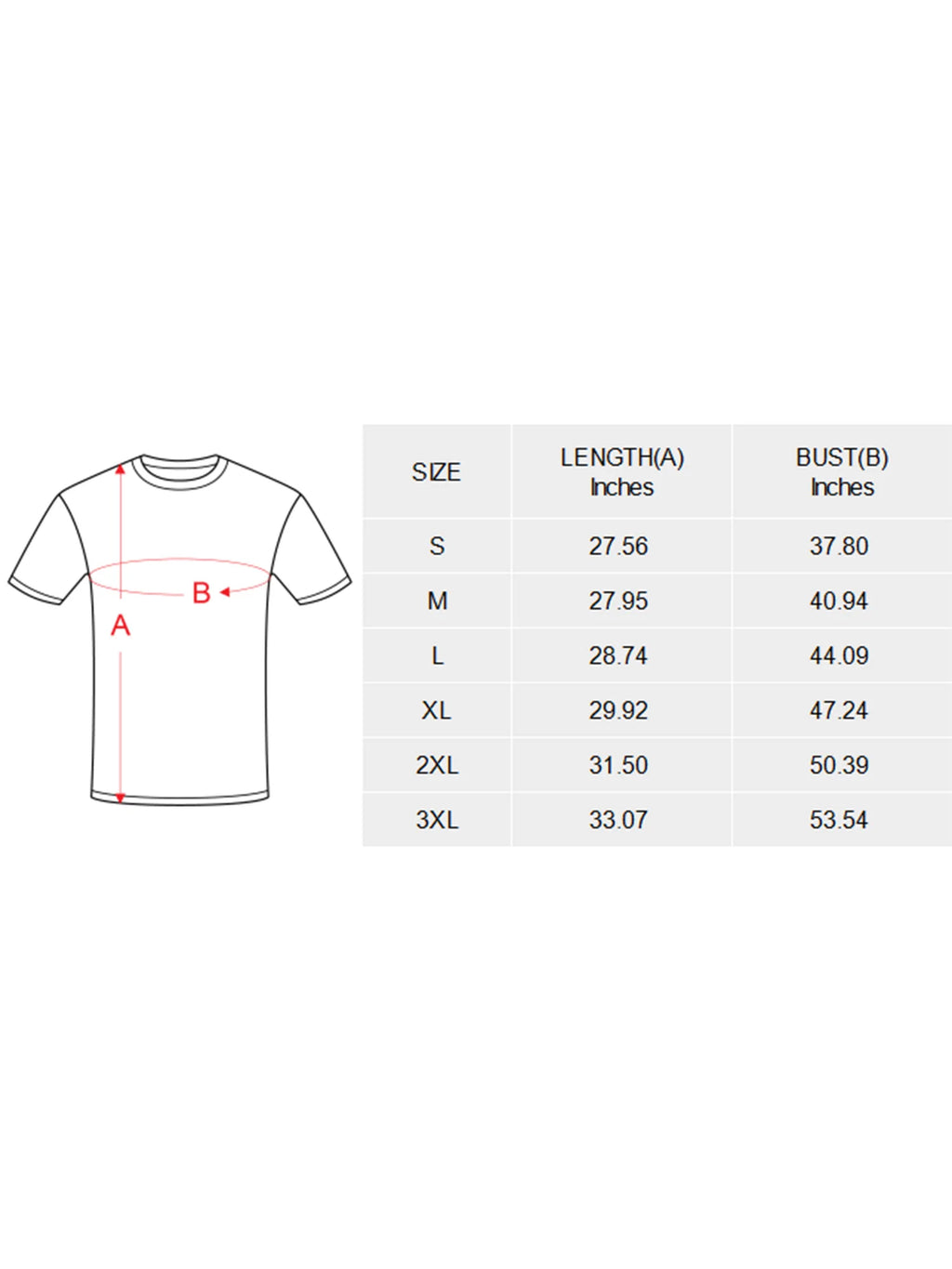 T-shirt size chart with measurements on a white background