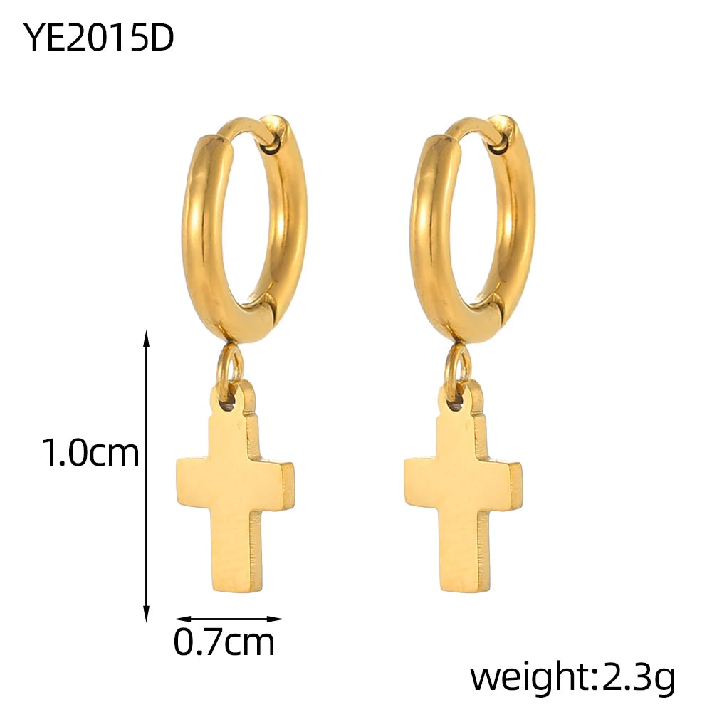Gold hoop earrings with cross pendants and measurements on a white background