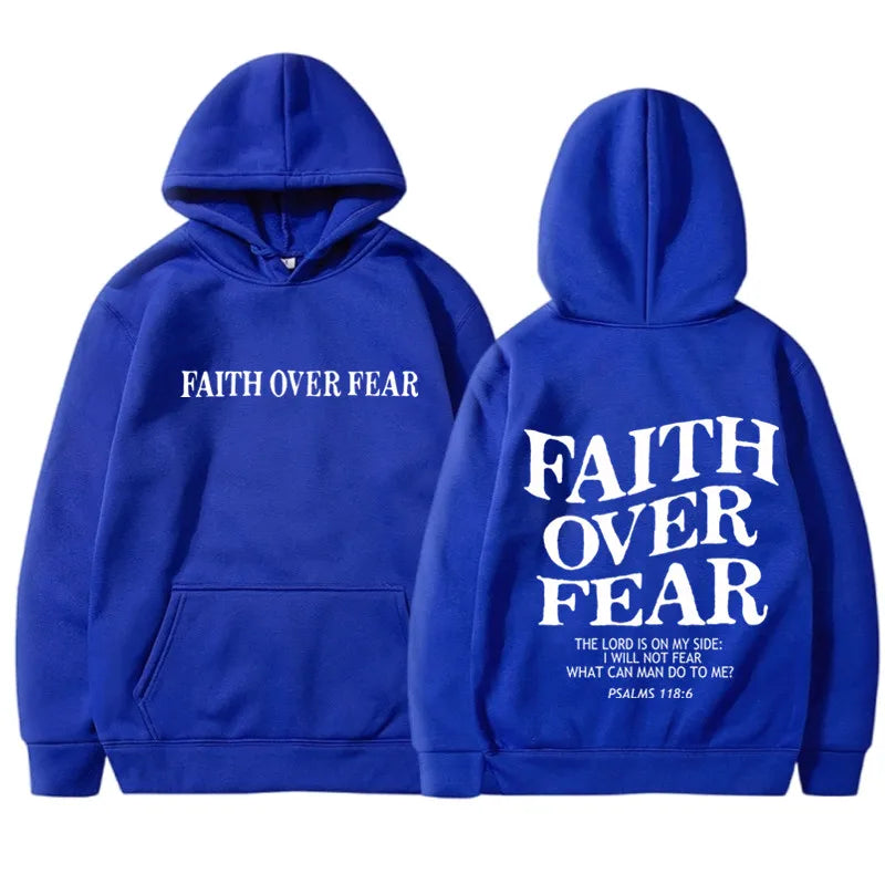 Blue hoodie with 'Faith Over Fear' text on front and back