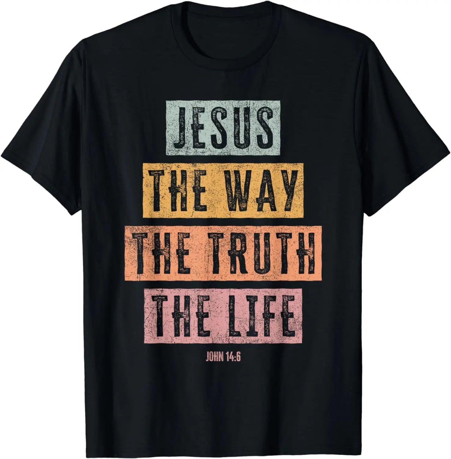 Black t-shirt with colorful text design on a white background