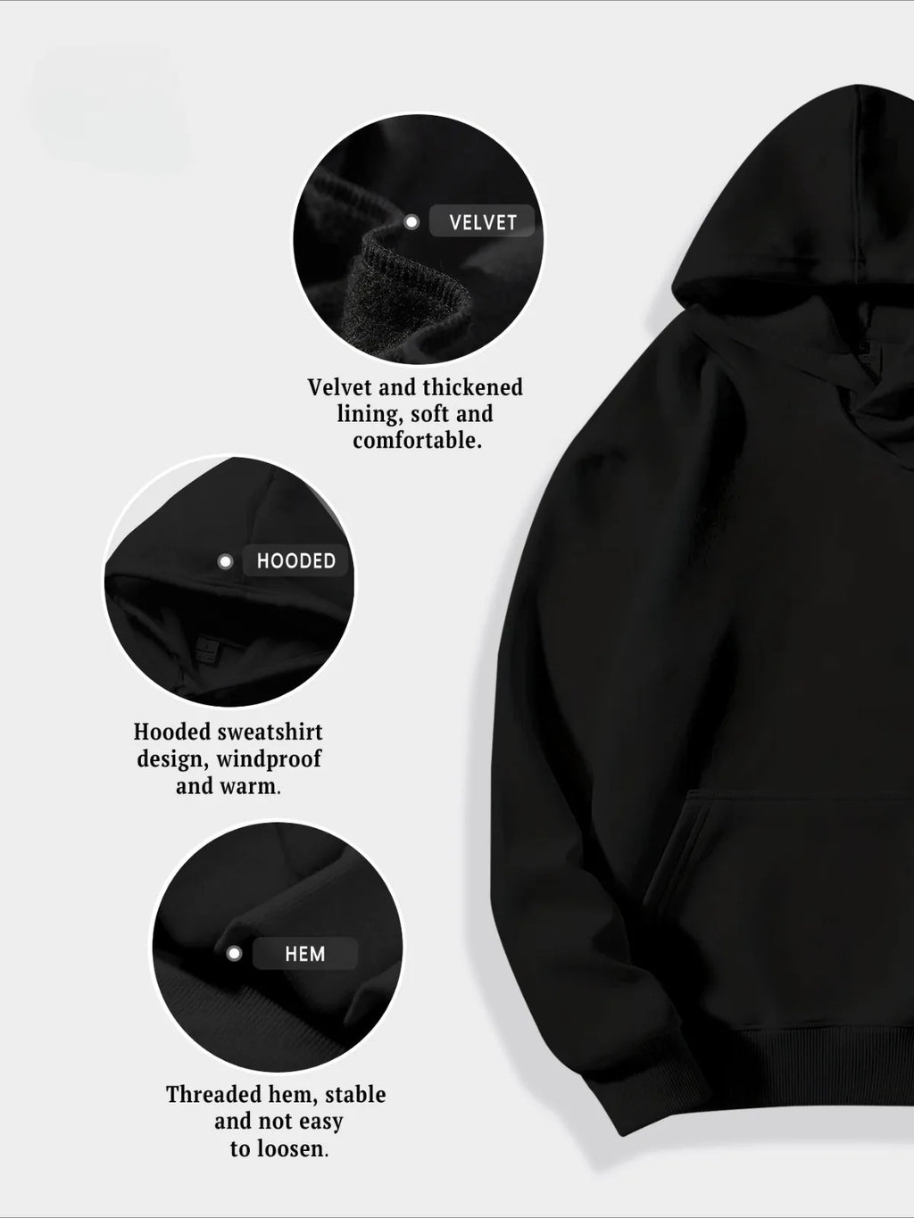 Black hooded sweatshirt with features highlighted on a white background