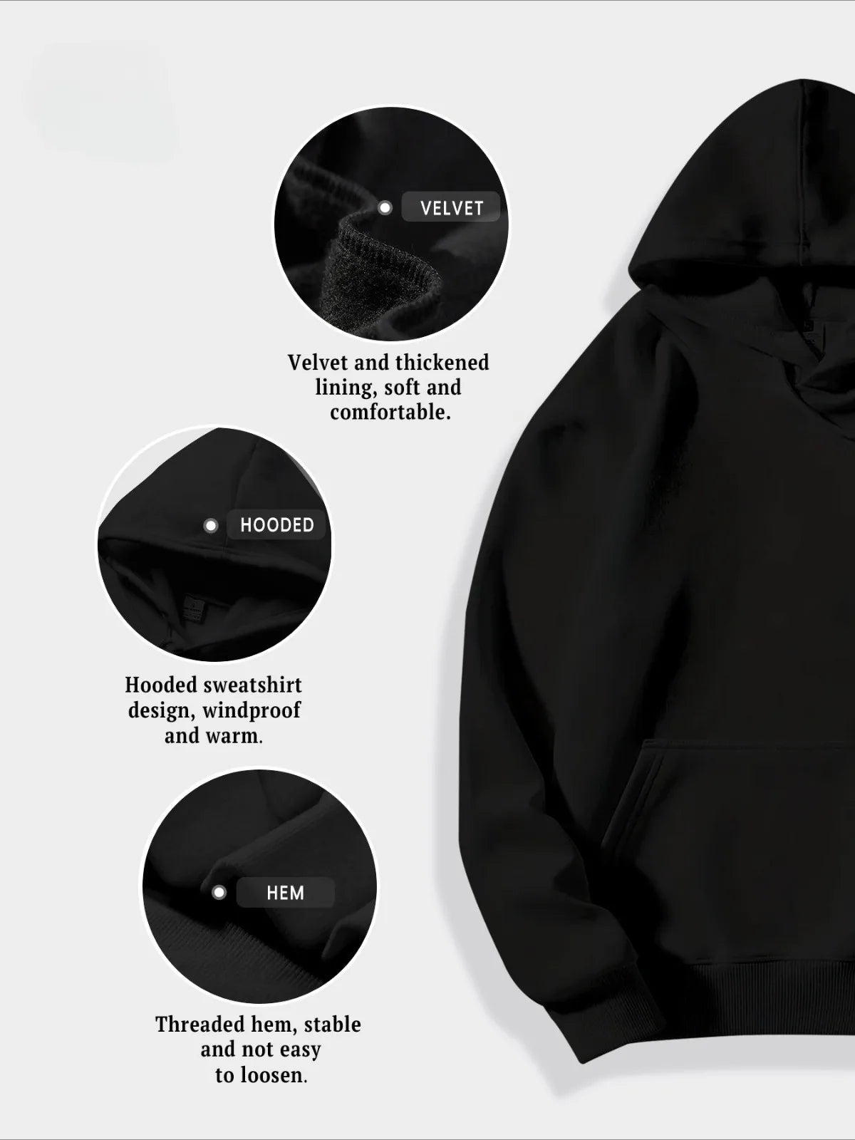 Black hooded sweatshirt with features highlighted on a white background