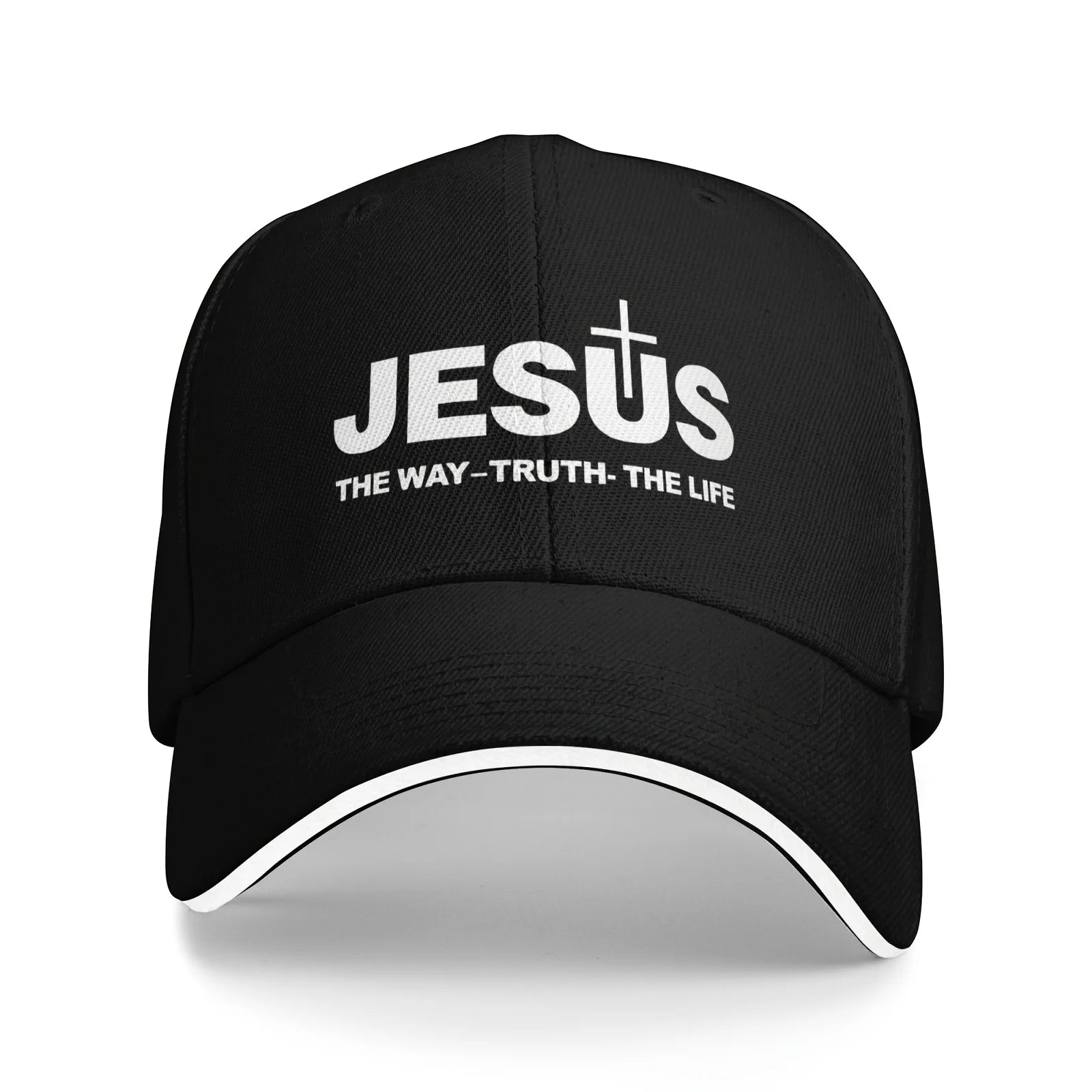Black  Dad cap with 'Jesus The Way - Truth - The Life' text on a white background