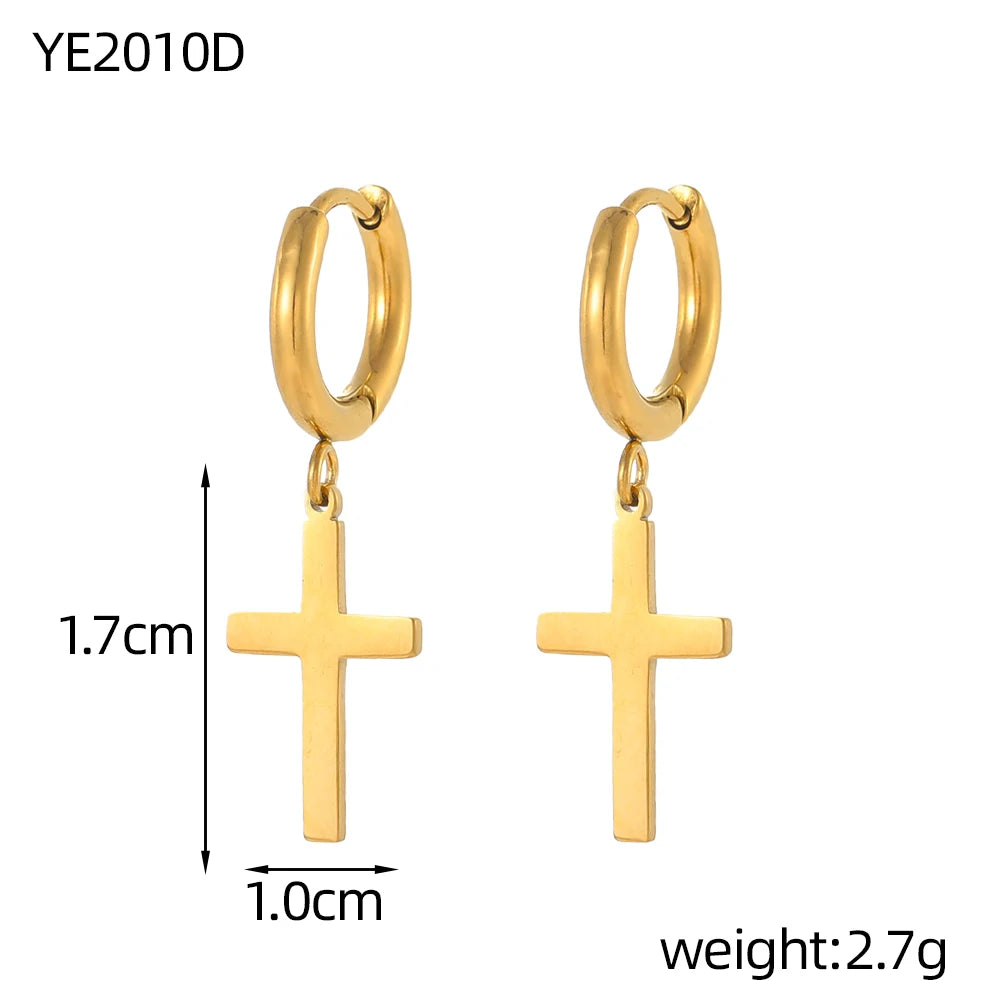 Gold hoop earrings with cross pendants, showing measurements and weight on a white background.