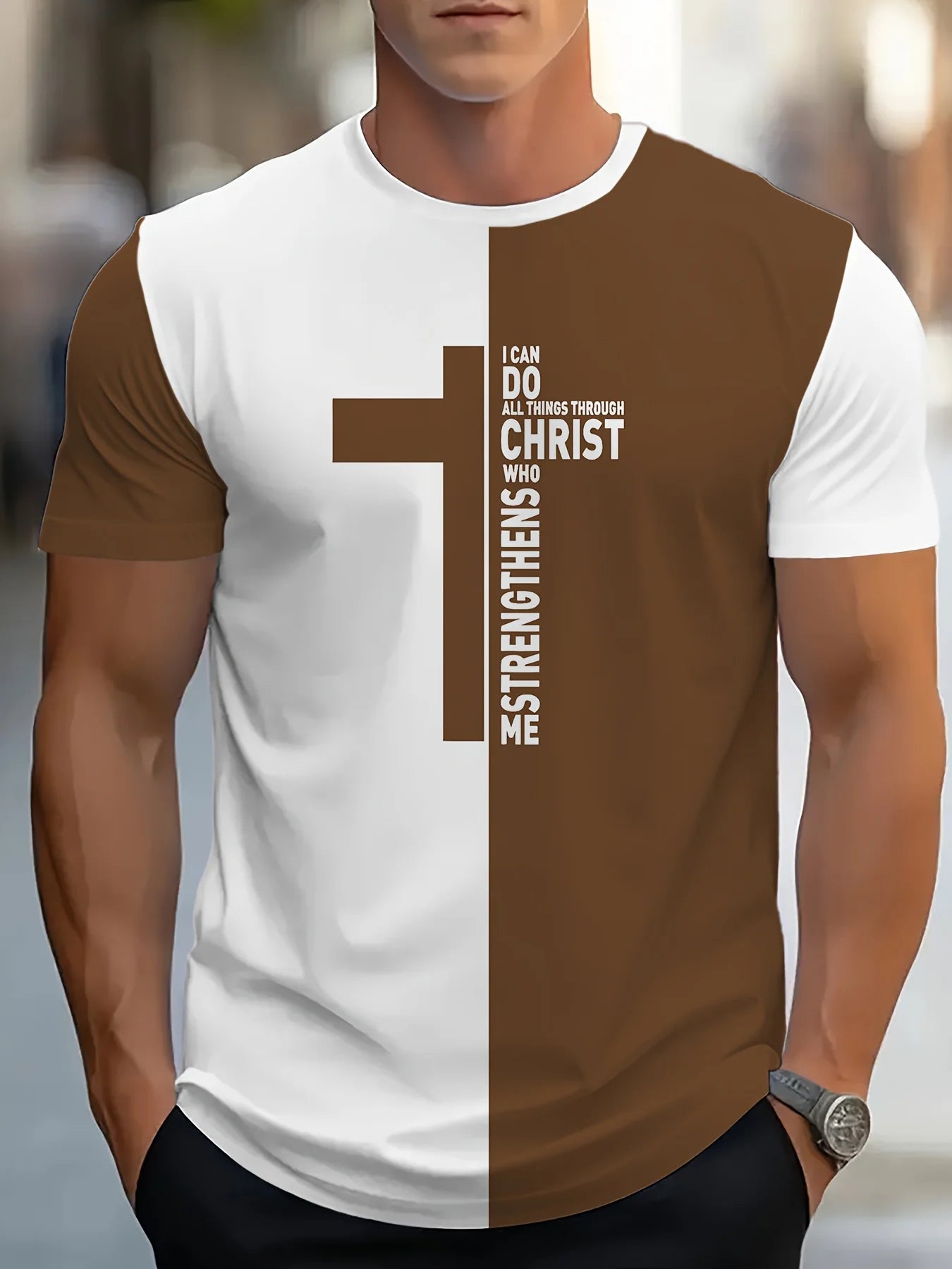 T-shirt with a cross design and text on a blurred background