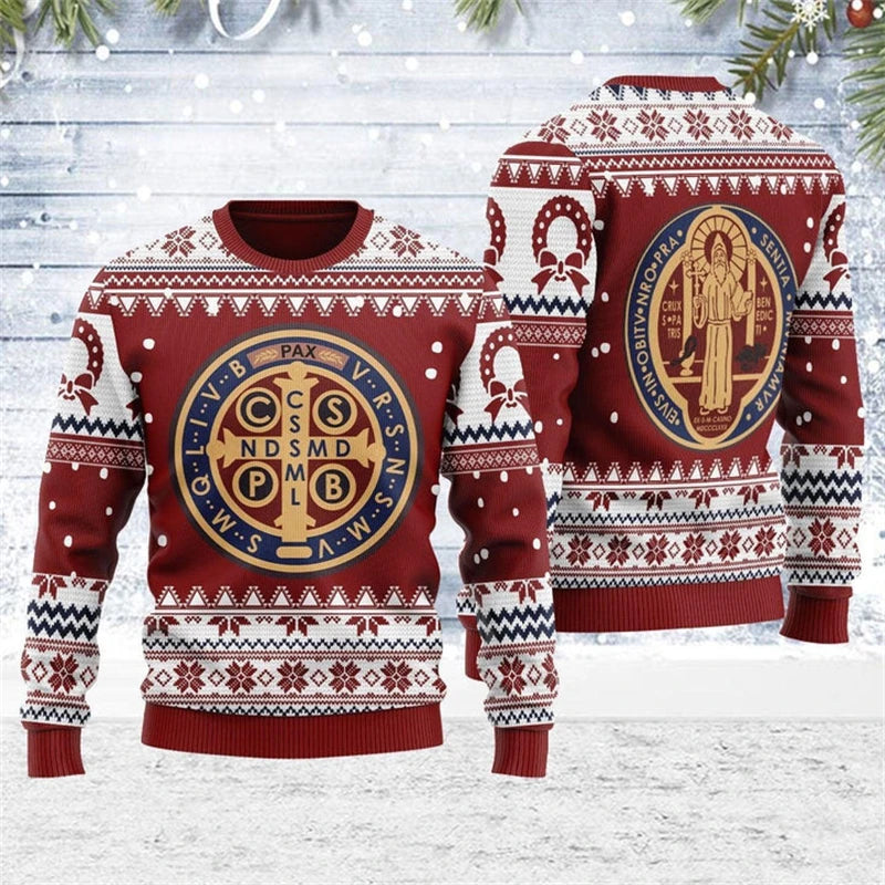 Red sweater with religious emblem and patterns on a wooden background