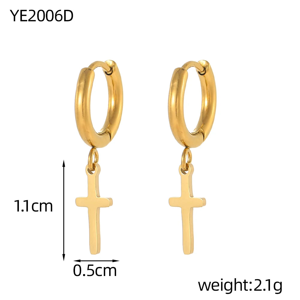 Gold hoop earrings with cross pendants and measurements on a white background