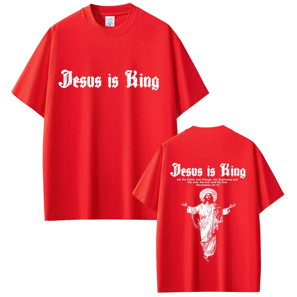 Red t-shirt with 'Jesus is King' text on front and back, featuring an illustration of Jesus.