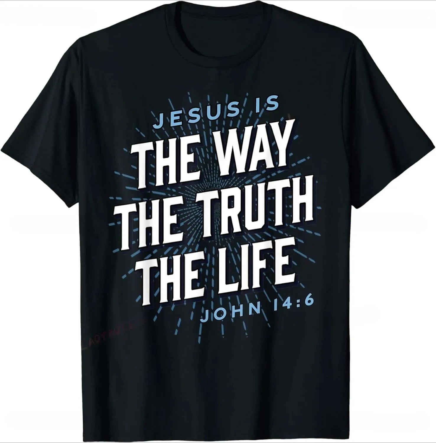Black t-shirt with text 'Jesus is the Way, the Truth, the Life' from John 14:6 on a white background