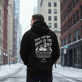 Black hoodie with text and mountain graphic on front and back, white background