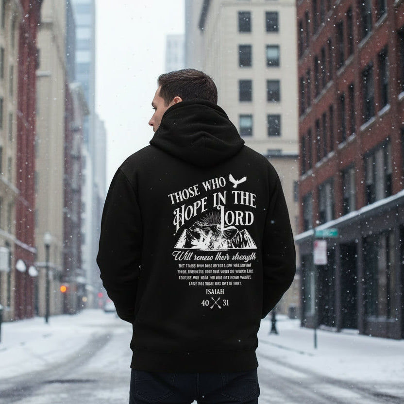 Black hoodie with text and mountain graphic on front and back, white background