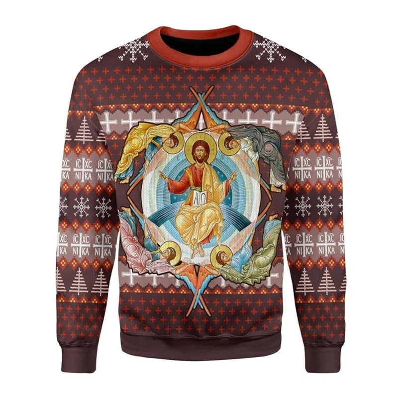 Sweater with religious design and pattern on a white background