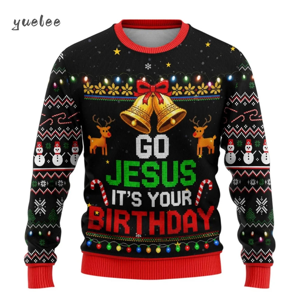 Christmas sweater with festive design and text 'Go Jesus it's your birthday' on a white background.