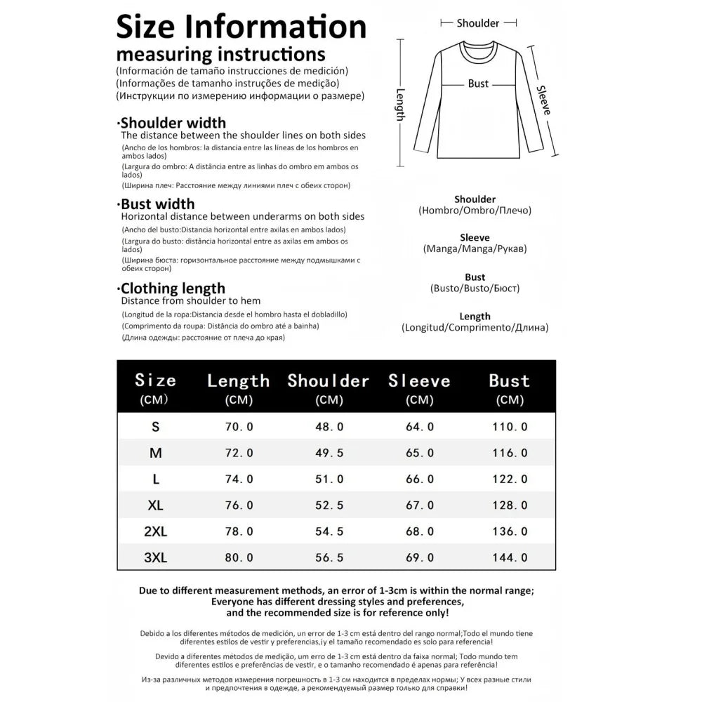 Size chart and measurement guide for a long-sleeve shirt on a white background