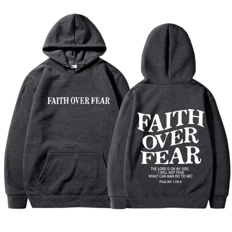 Gray hoodie with 'Faith Over Fear' text on front and back
