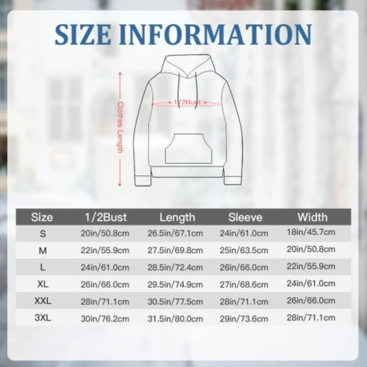 Size chart for a hoodie with dimensions labeled