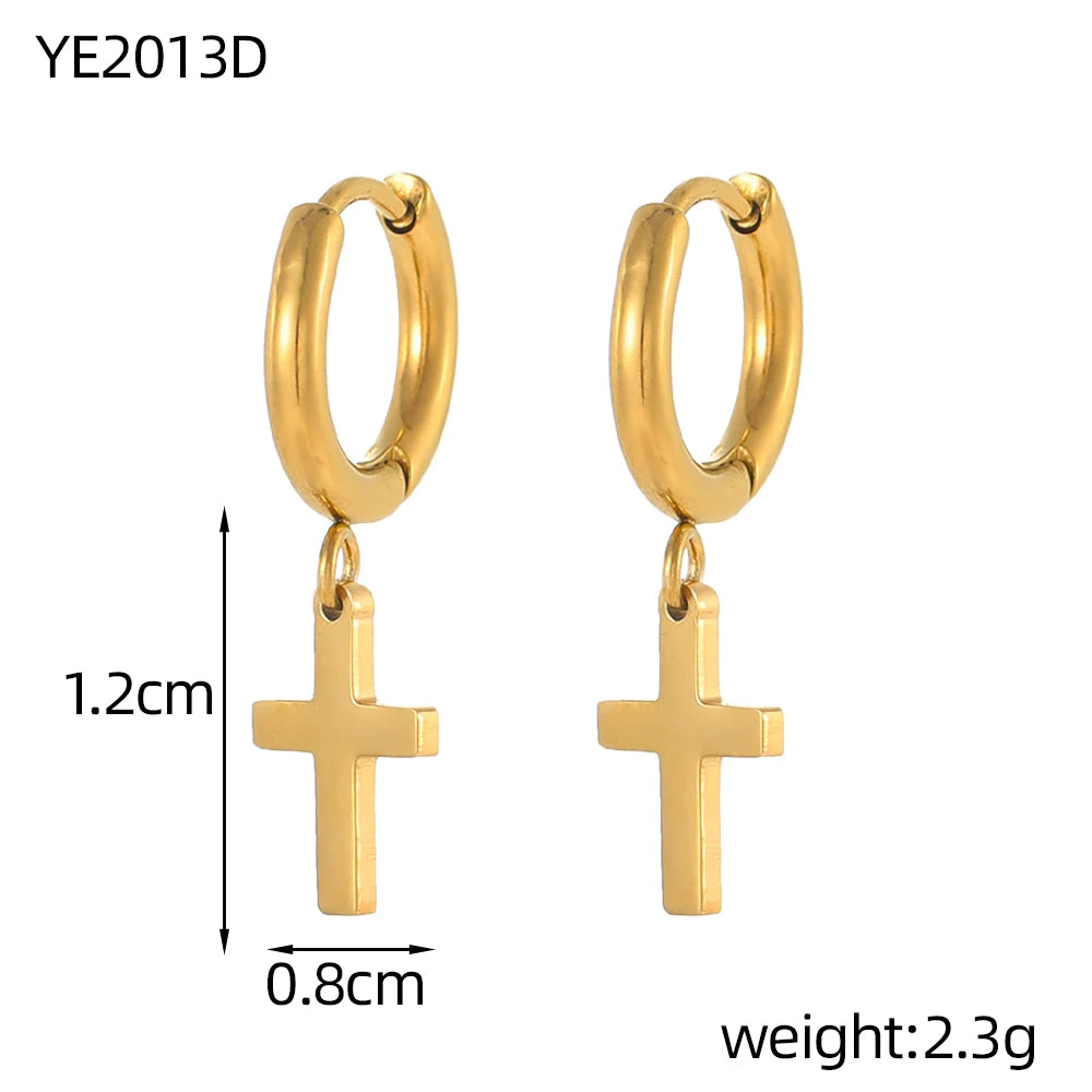 Gold hoop earrings with cross pendants, showing measurements and weight on a white background.